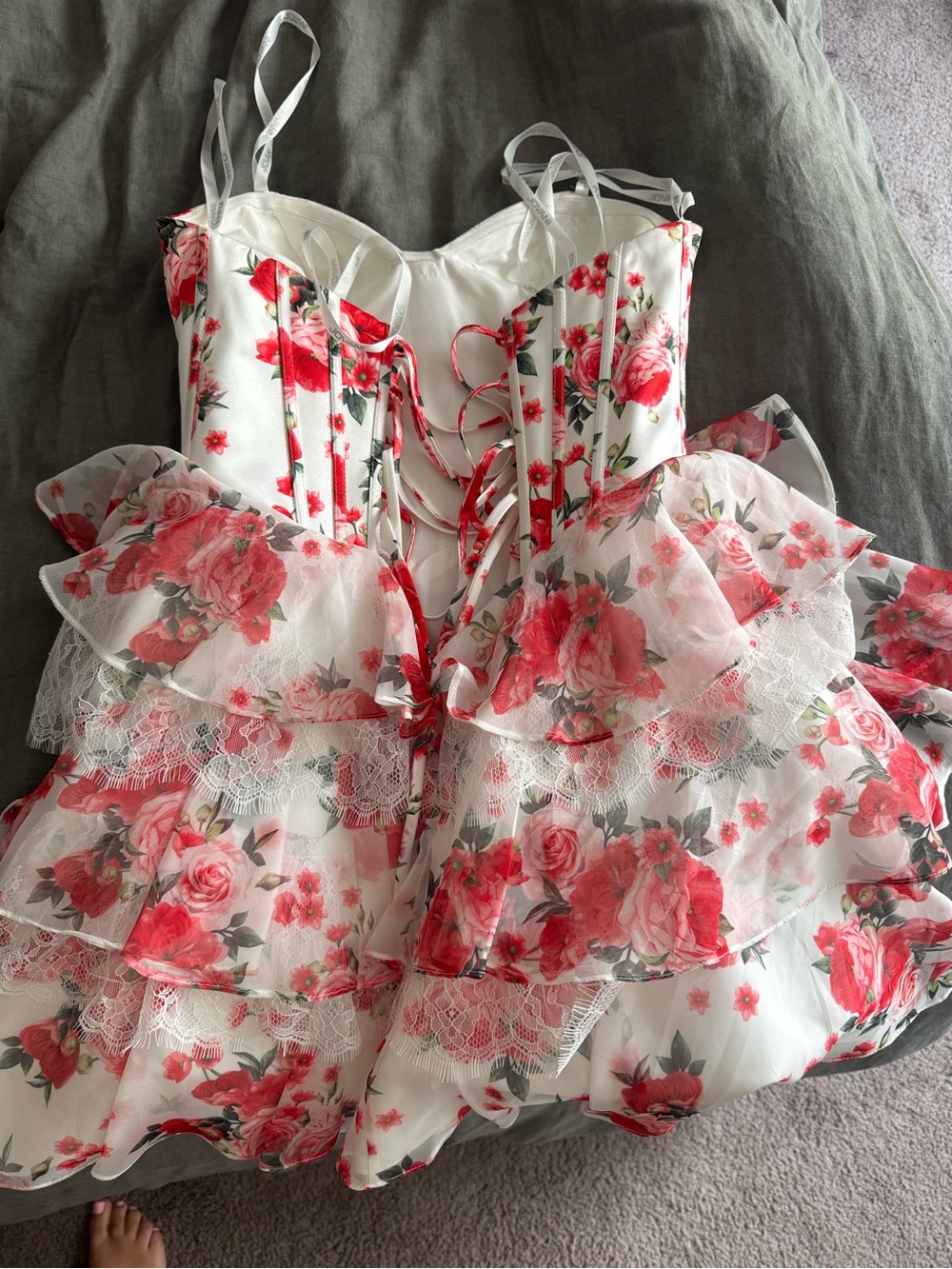 Jovani One of Kind Sample - White Floral Ruffle Party Dress with Pink Roses - Picture 2 of 3